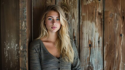 Fototapeta premium beautiful young blonde woman. back against a large oak door