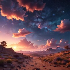 Fototapeta premium Dreamy landscape with glowing clouds and stars, lunar glow, cosmic wonder, starry night