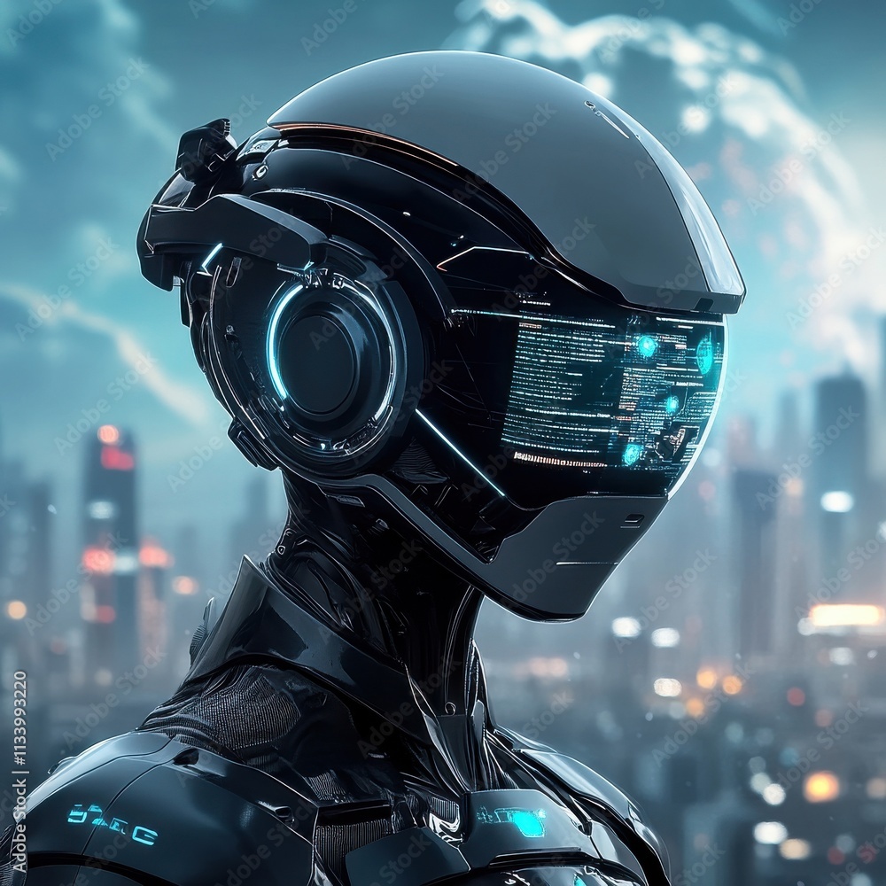Aufkleber futuristic cybernetic android with high-tech visor and sleek design against dystopian cityscape back