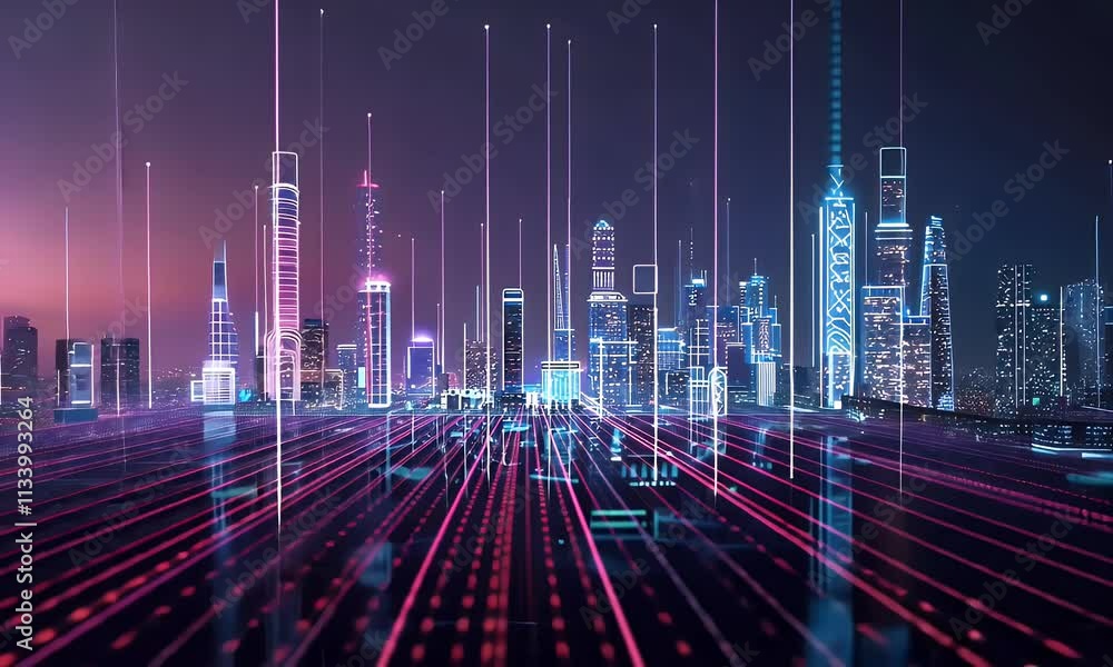 Poster smart city and abstract dot point connect with gradient line and aesthetic intricate wave line desig