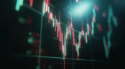 Front view of a stock market candlestick chart against a dark digital background with subtle glowing gridlines.