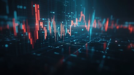 Front view of a stock market candlestick chart against a dark digital background with subtle glowing gridlines.