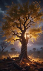 The leaves of a tree rustle in the wind as lightning flashes through the air, casting an eerie glow over the landscape, lightning bolt, weather, fierce