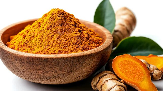 Turmeric powder in a wooden bowl with roots and leaves on a white background.