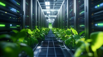 Futuristic Data Center with Holographic Green Plants Amidst Server Hardware Conveying Eco Friendly Technology