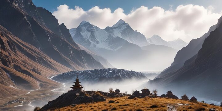 Misty morning near Chorten Nyima Glaciers in Kamba Shigatse prefecture Tibet , mountainous terrain, natural beauty, snow-capped peaks