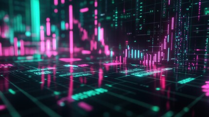 Glowing candlestick chart in neon green and pink, with futuristic numbers and grids for 2025.