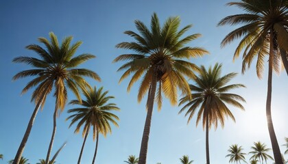 A group of palm trees against a clear blue sky with the sun shining down on them, palm grove, blue sky, serene landscape