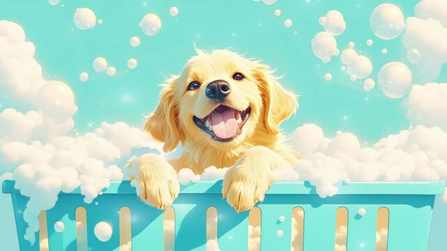 Joyful puppy enjoying a bubbly bath in bright sunny setting seamless looping 4K time-lapse virtual video animation background