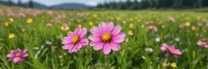 Fototapeta premium a single small pink flower with bright yellow pollen against a vibrant green meadow backdrop, natural beauty, sunny day, outdoor scene
