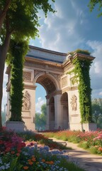 Fototapeta premium Arc de Triomphe with lush greenery and flowers, Arc de Triomphe view, Paris park