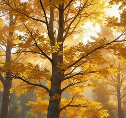 Fototapeta premium Evergreen tree with yellowing leaves in warm autumn sunlight, tree, landscape