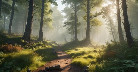 A tranquil forest clearing bathed in sunlight and mist, sunlit, clearing