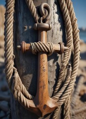 An old and weathered rope wrapped around a metal anchor, water-related gear, distressed finish, nautical rope