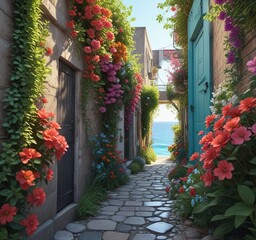 Fototapeta premium serene ocean view through a tranquil flower-lined alleyway, alley, coastal, seafront