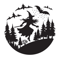 Fototapeta premium A silhouette of a witch flying over a forest black vector isolated on a white background