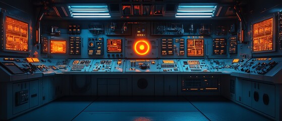 Obraz premium Hightech nuclear power plant reactor control panel, central electrical station with digital displays, monitoring systems, and advanced energy control, AIgenerated visuals