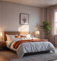 Softly lit bedroom scene with a bed against a window , darkness, warm, light