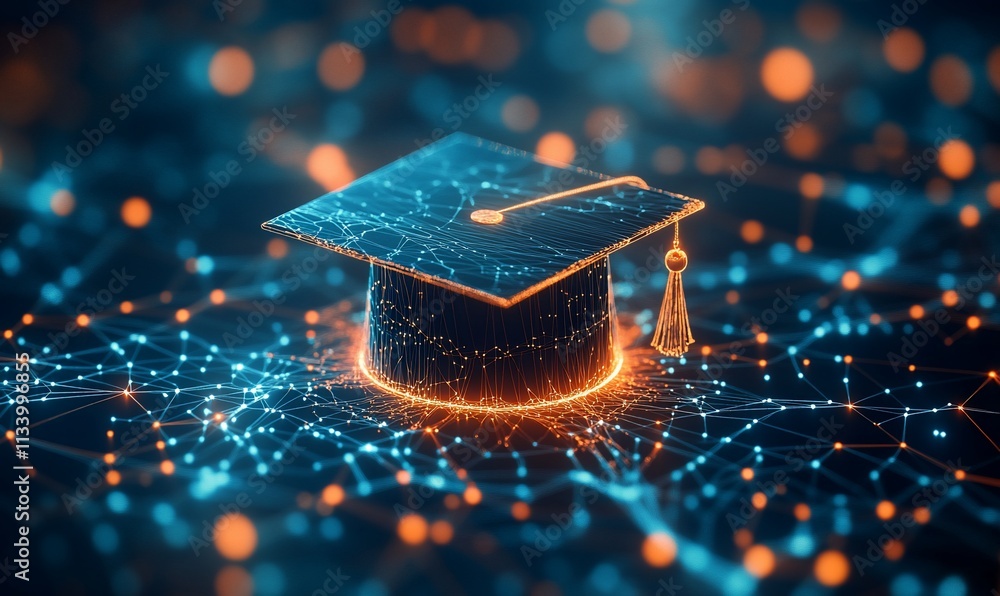 Poster a digital graduation cap surrounded by a network of glowing connections.