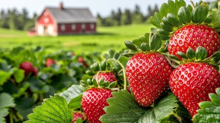 Vibrant Ripe Strawberries in Lush Green Field with a Scenic Red Barn in the Background Under Clear Blue Sky Capturing the Essence of Summer Harvesting