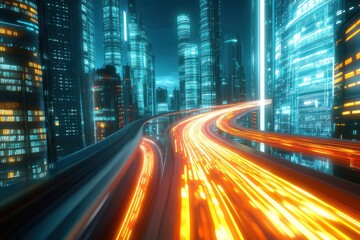 Fototapeta premium Futuristic Cityscape at Night with Dynamic Light Trails on a Road Surrounded by Skyscrapers and Neon Illuminated Buildings