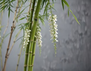 Obraz premium Bamboo cane with small white chrysalises hanging from the tip, garden, chrysalis, outdoor