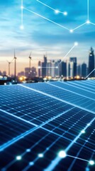 Modern Renewable Energy Landscape featuring Solar Panels and Wind Turbines with City Skyline in Background and Digital Connections Representing Clean Technology Progress