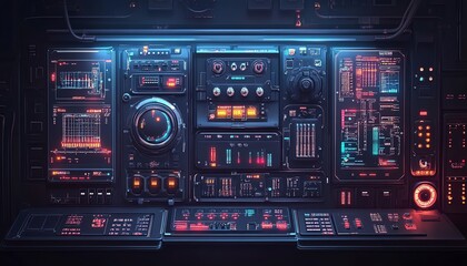Obraz premium Nuclear power plant reactor control panel, central electrical station with complex interface, digital gauges, and security systems, AI generative design