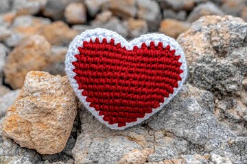Fototapeta premium Handmade Red Heart Crochet Pattern on Rocks Love Valentines