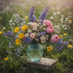 A spring meadow flower arrangement in pastel tones.