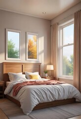 Fototapeta premium Soft and cozy bedroom with double bed under window, soft and cozy bedroom, soft blanket, comfortable bedding