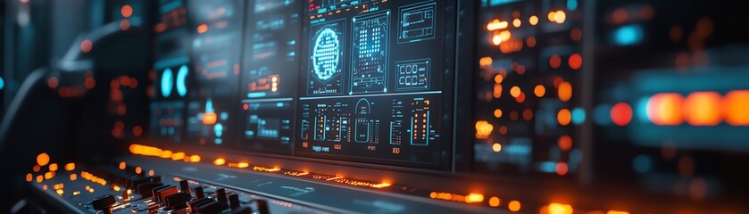 Obraz premium Nuclear reactor control panel in an electrical station, hightech digital interface, monitoring systems, and energy regulation, AI generative concept