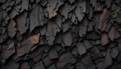 Abstract background of rich black hardwood mulch texture resembling tree bark or wooden planks , patterned background, dark, earthy