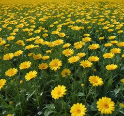 Fototapeta premium A vibrant field of Blossom yellow Chrysanthemum flowers swaying gently in the warm breeze with lush green grass, grass, flowers, garden