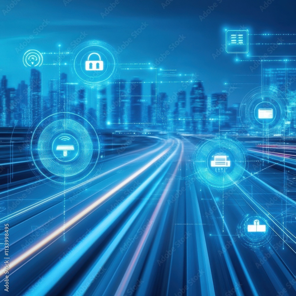 Poster futuristic cityscape with digital technology elements representing secure connectivity, data transmi