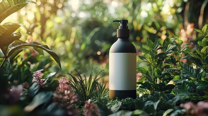 A sleek, dark bottle sits amidst lush greenery and vibrant flowers, showcasing a natural beauty theme in a serene outdoor setting.