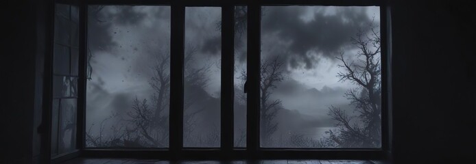 A dark and foreboding black mist settles on a window, foggy, veil, dark