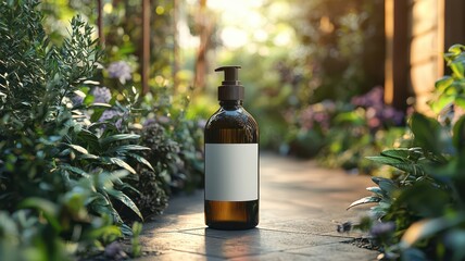 A serene outdoor scene featuring a brown pump bottle amidst lush greenery and flowers, evoking a sense of natural beauty and tranquility.