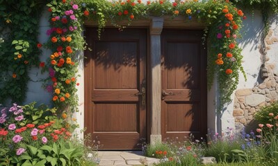 Fototapeta premium A wooden door framed by lush greenery and vines with a few stems of colorful flowers, vines, tranquil, nature-inspired decor