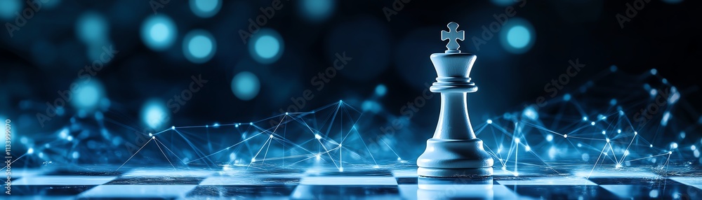 Poster white chess king representing a leader with intelligence and ideas, blurred digital graphics, binary