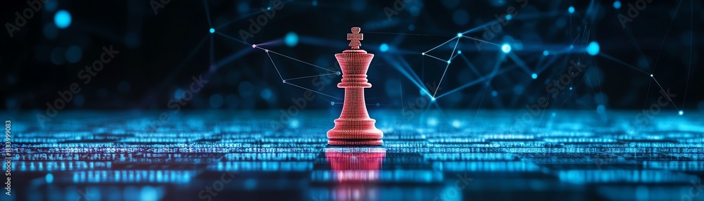 Poster white chess king representing a leader with intelligence and ideas, blurred digital graphics, binary