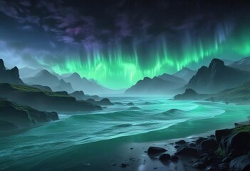 Fototapeta premium Atmospheric misty scene with blue and green gradient aurora waves , peaceful, soothing