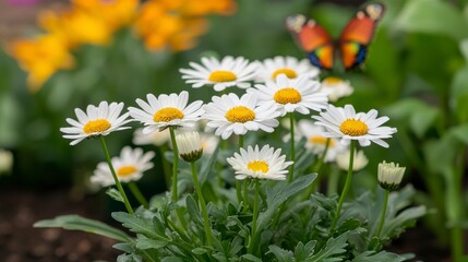 Vibrant Garden Scene Featuring Delicate Daisies, Colorful Butterfly, and Lush Green Foliage Under Bright Sunshine in a Peaceful Outdoor Setting