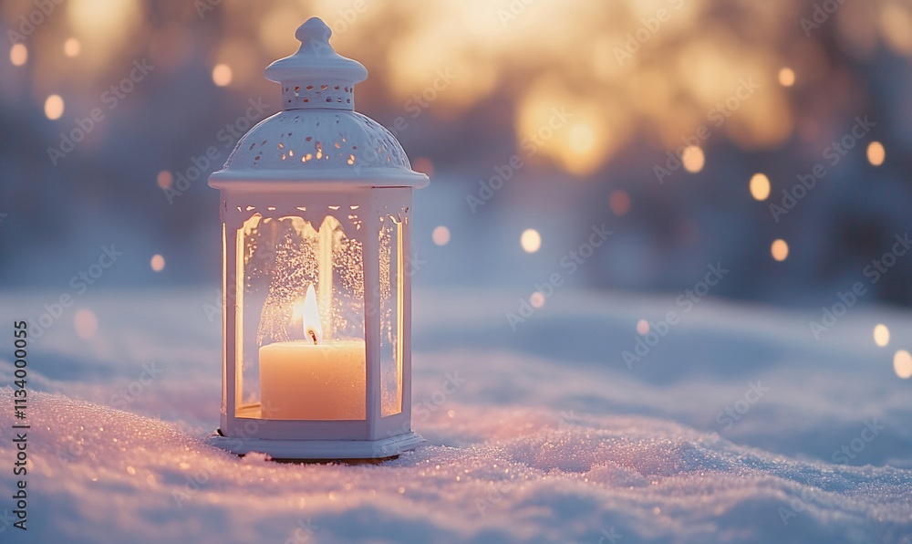 Poster A lantern with a candle glows softly in the snow during twilight.