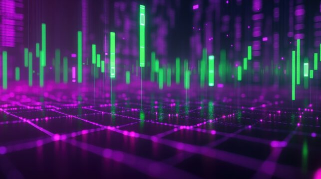 Neon green candlestick graph for 2025 with bright digital grid lines on a dark purple backdrop.