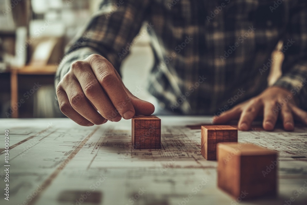Aufkleber close-up of hands arranging wooden blocks on blueprints.