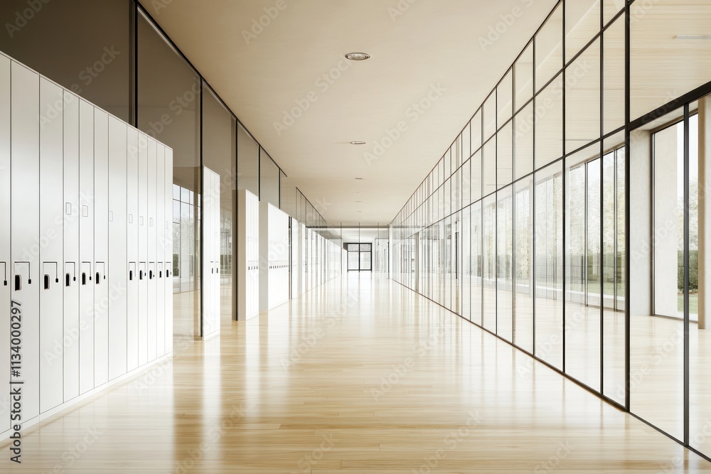 Poster modern school corridor with lockers and large windows.