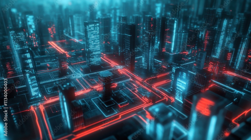 Poster futuristic urban landscape with neon lights and high-tech architecture representing a modern smart c
