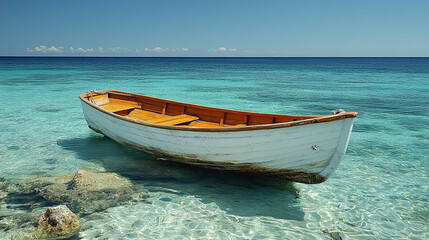 Naklejka premium An old wooden boat rests gently on the sea near the shore, symbolizing tranquility, nostalgia, and a journey. The blurred background creates a sense of calm and contemplation, evoking memories of adve