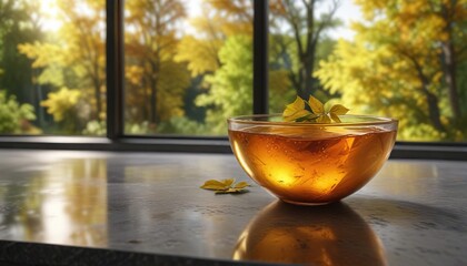 A bowl of amber colored liquid placed on a granite table near a window with a view of trees and green leaves reflected in the surface, granite, bowl, reflective surface